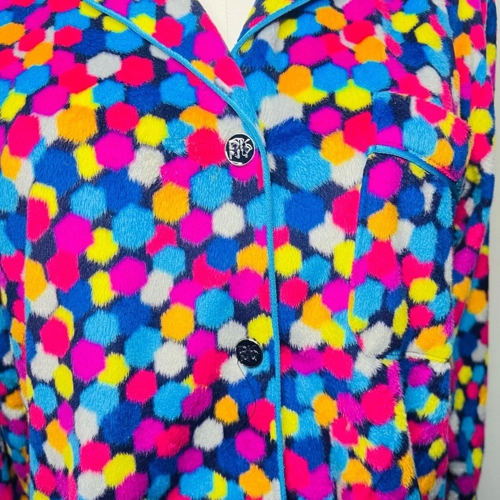 DKNY Multicolor Polka Dot Fleece Button Down Pajama shirt Sz S